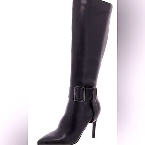 Size 6.5 Black Stiletto Heel Tall Knee Boots- Aaj By Aminah Aiyda/Vegan Leather